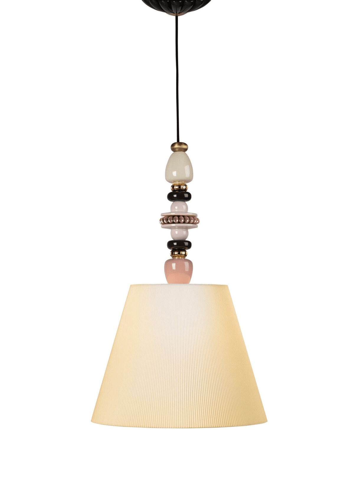 Lladró - Firefly Pendant Light - Pink and Gold featuring porcelain details and a fabric lampshade.