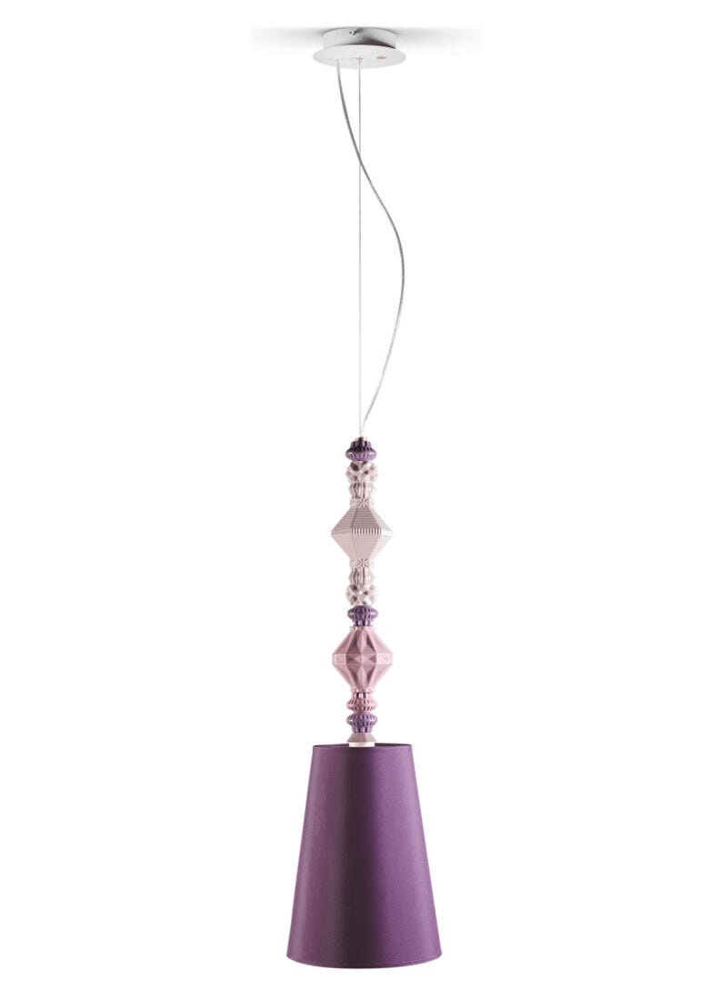 Lladró - Belle de Nuit Pendant Light II - Pink with purple shades and decorative beads for unique illumination.