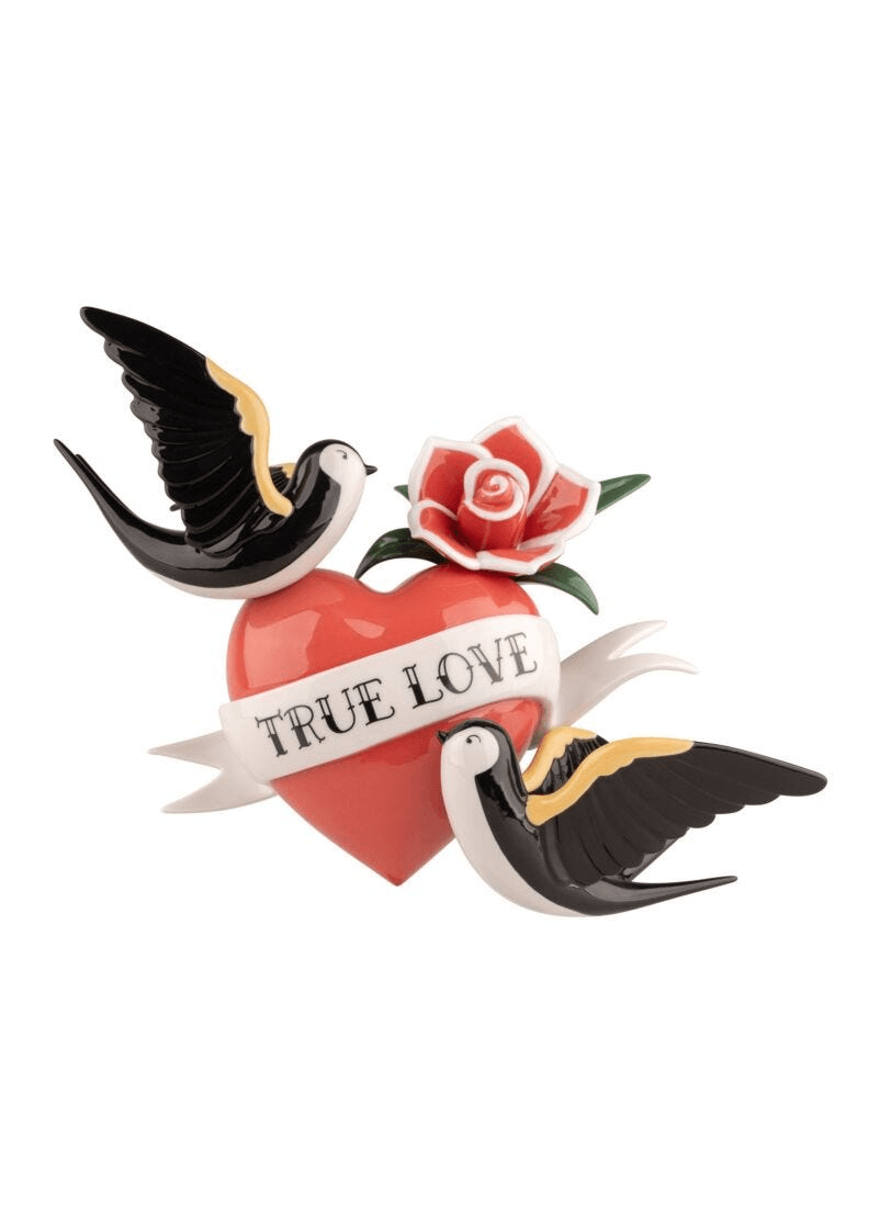 Lladró - True love Heart Figurine featuring a heart, flowers, and birds in black, red, and yellow porcelain.