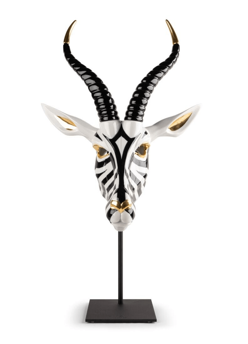 Lladró - Antelope Mask - Black and Gold ceramic art piece with intricate patterns and gold accents.