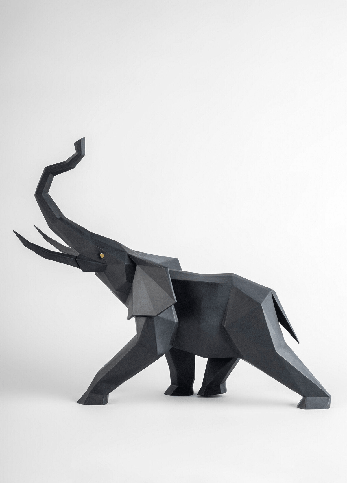Lladró - Elephant Sculpture - Black matte, geometric porcelain elephant with trunk up for good luck.