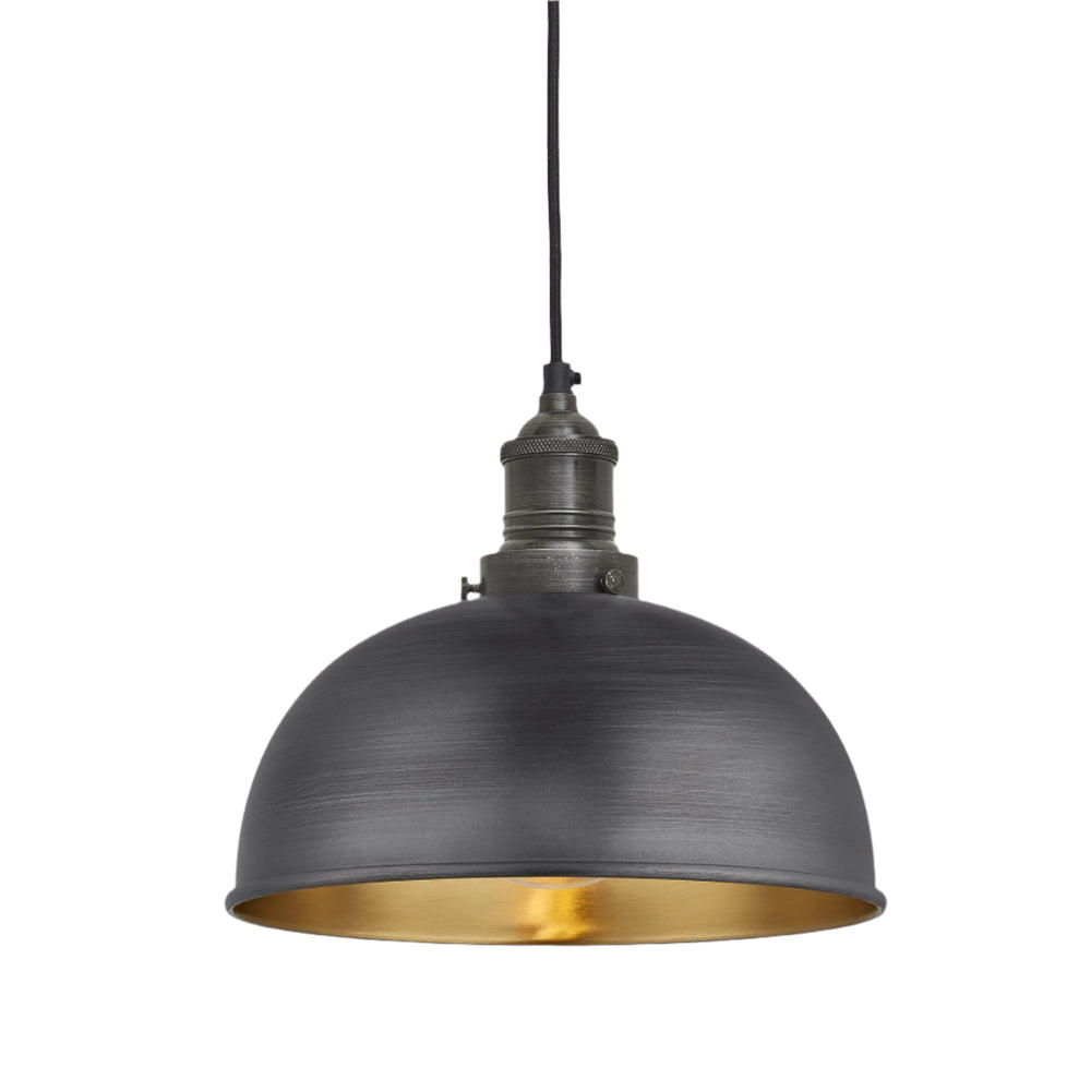 Industville - Brooklyn Dome Pendant Light - 8 Inch - Pewter & Brass Shade - Pewter Pendant Holder