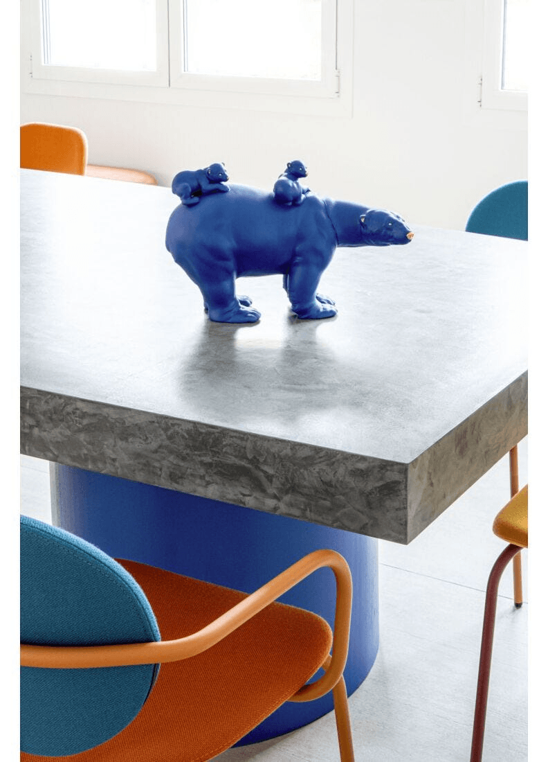 Lladró - Mummy Bear and Babies ( Blue-Gold ) Sculpture - Limited Edition on a modern table setting.