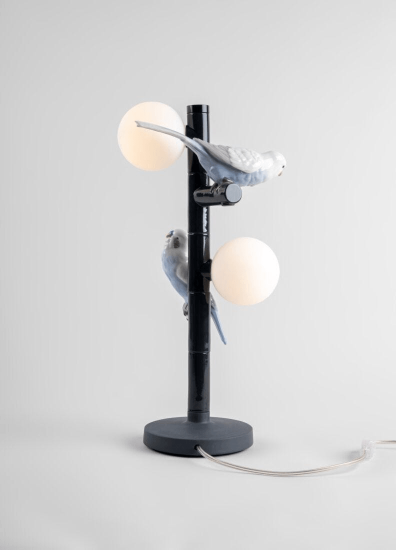 Lladró - Parrot Table Lamp - Black featuring detailed porcelain birds and globe shades on a modern base.