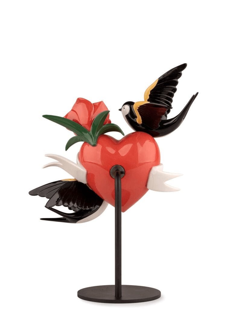 Lladró - True love Heart Figurine featuring a red heart, rose, and decorative birds in glazed porcelain.