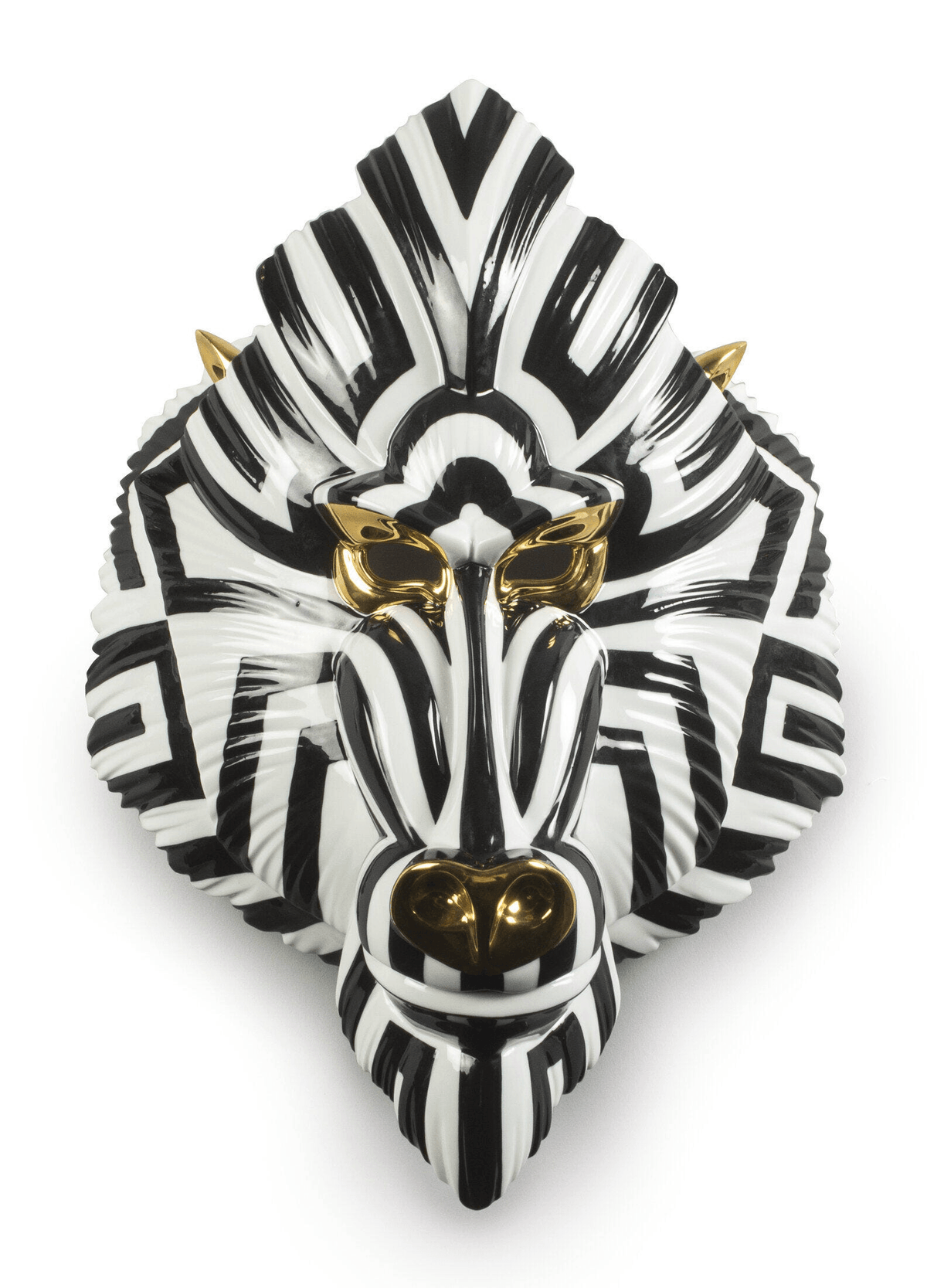 Lladró - Mandrill Mask - Black and Gold, glossy porcelain art piece with black and gold accents.