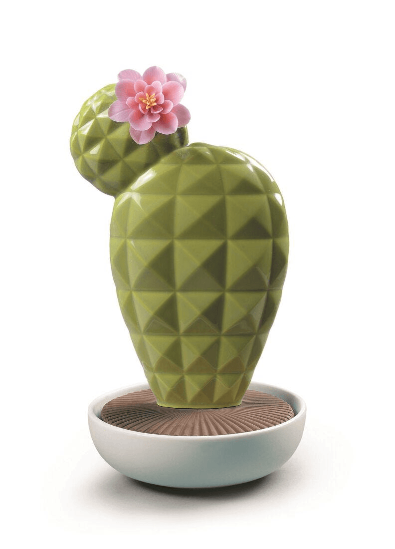 Lladró - Opuntia Cactus Diffuser - Gardens of Valencia Scent, handmade porcelain cactus with flower.