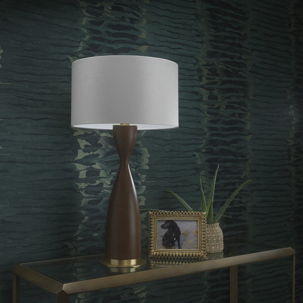 Northern Light - Sisley Table Lamp Large - Medium Oak Brushed Brass Finish - 18" Short Drum Pearl Grey Shade