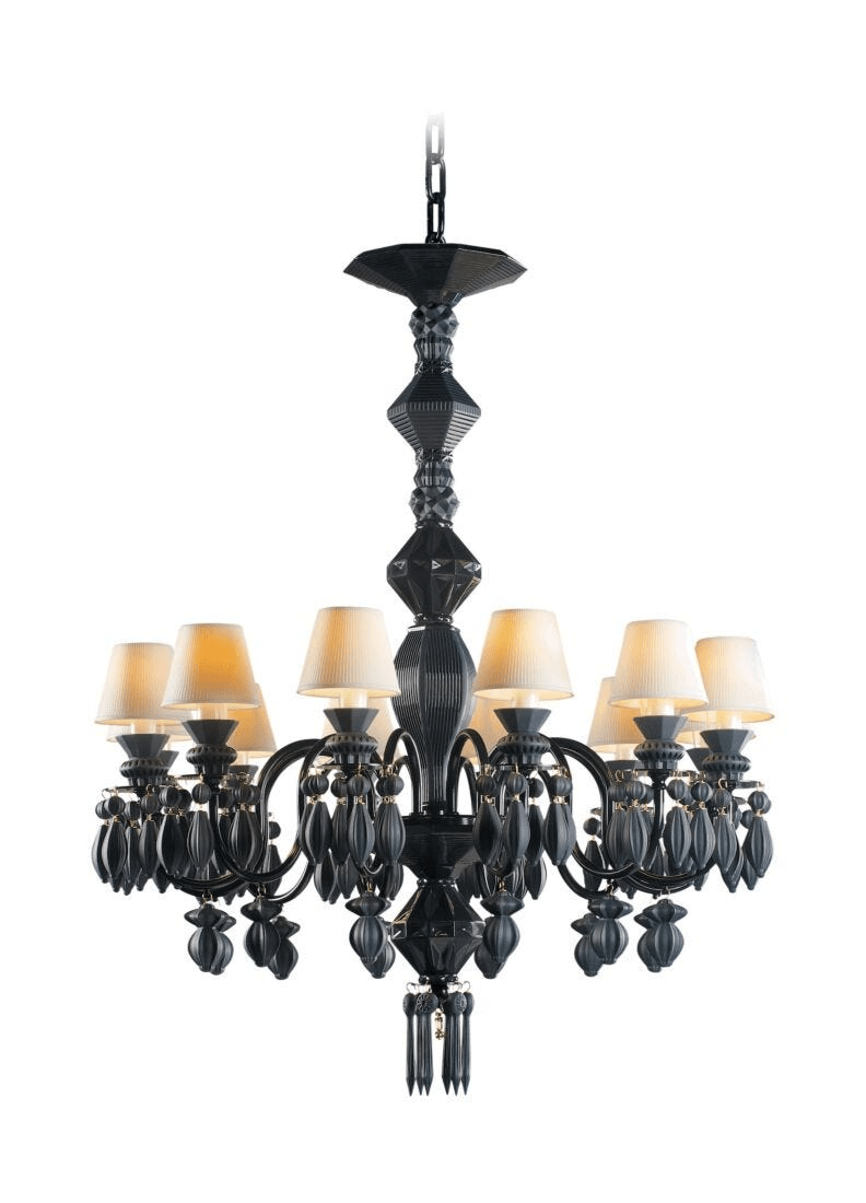 Lladró - Belle de Nuit 12 Lights Chandelier - Absolute Black with elegant porcelain design.