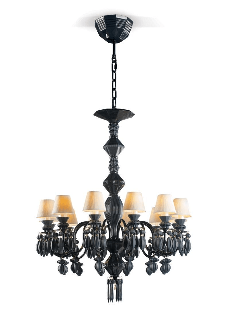 Lladró - Belle de Nuit 12 Lights Chandelier - Absolute Black in stunning porcelain design.