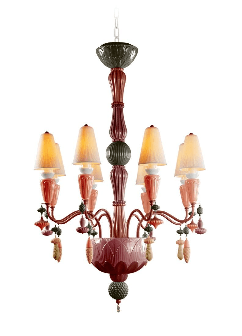 Lladró - Ivy and Seed 8 Lights Chandelier - Coral featuring porcelain design with plant-inspired motifs.