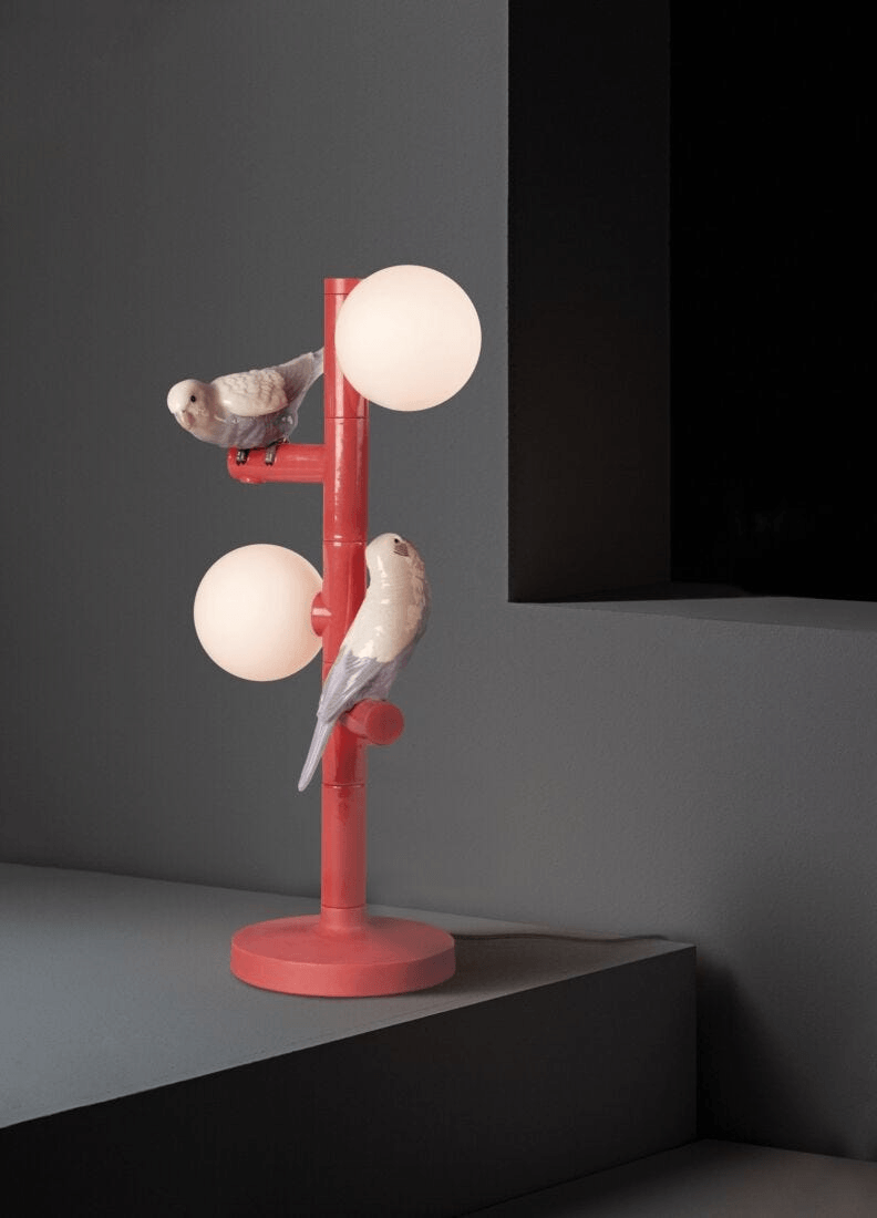 Lladró - Parrot Table Lamp - Red, porcelain lamp with bird designs, ideal for home decor.