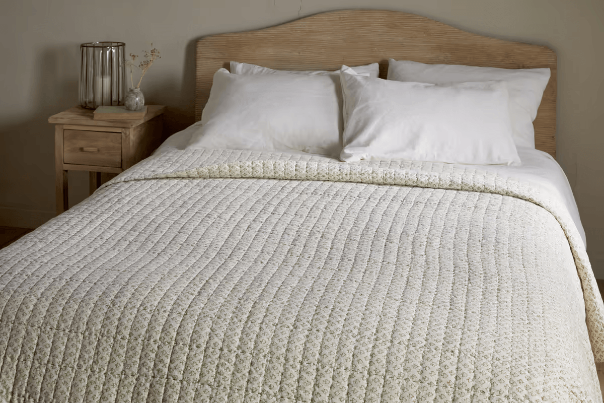 Nkuku - Peplu Cotton & Linen Screen Print Bed Quilt - Sage Green - 220 x 240cm