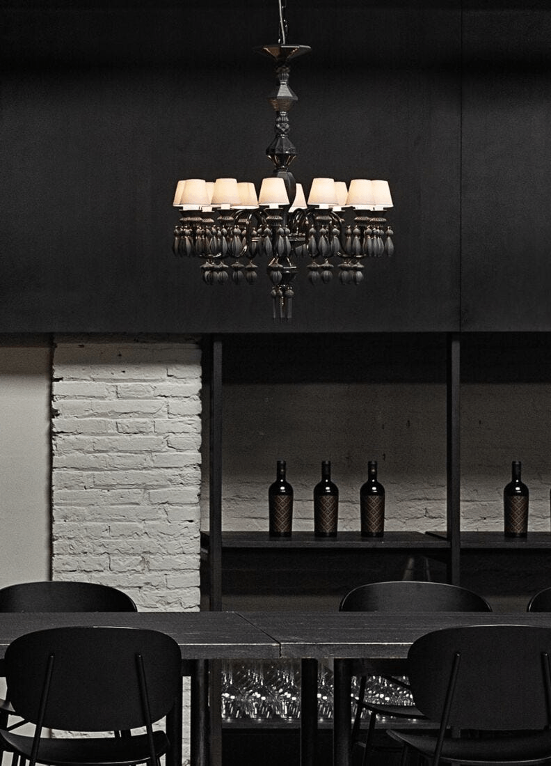 Lladró - Belle de Nuit 12 Lights Chandelier - Absolute Black showcased in a modern dining space.