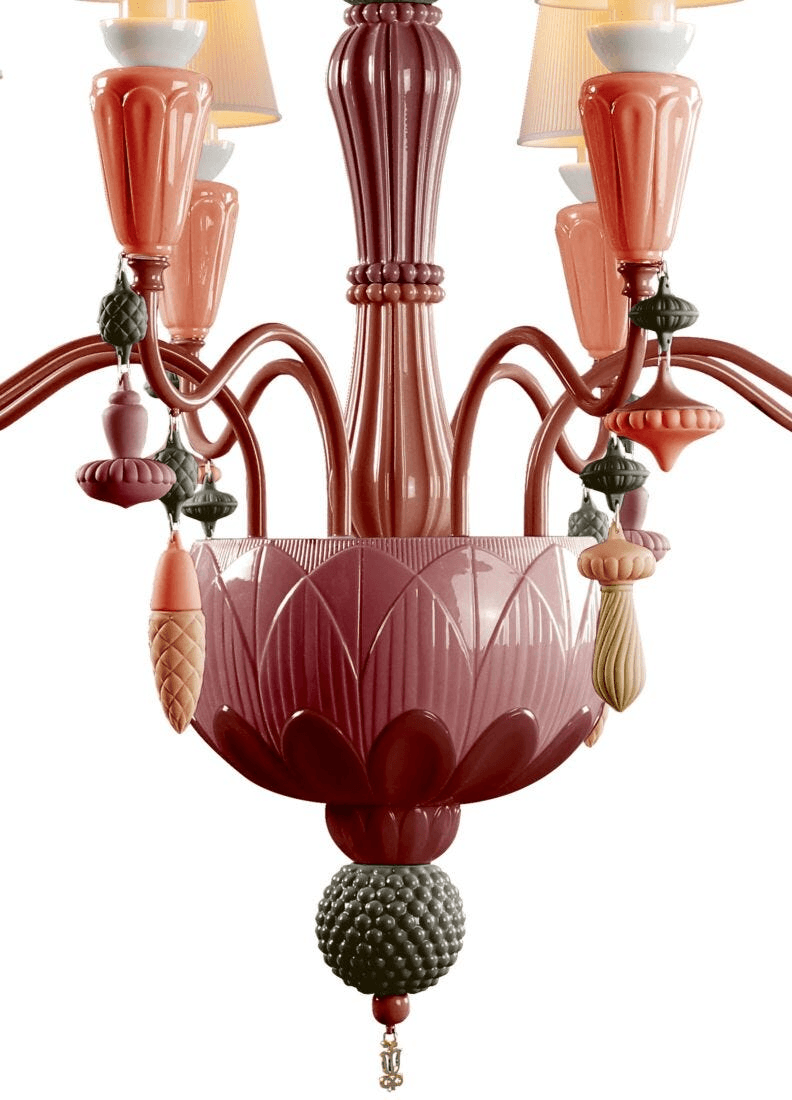Lladró - Ivy and Seed 8 Lights Chandelier - Coral with intricate porcelain detailing and organic shapes.