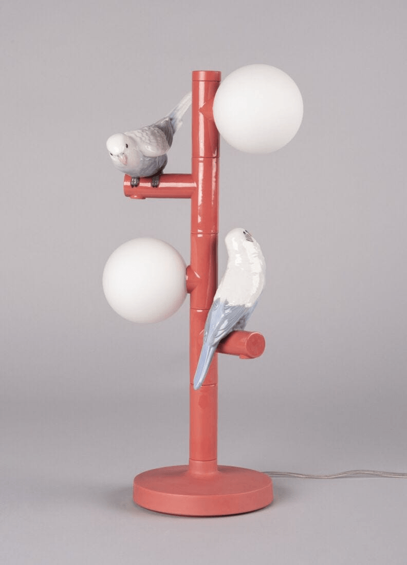 Lladró - Parrot Table Lamp - Red featuring porcelain birds and glossy finish, perfect for enhancing interiors.
