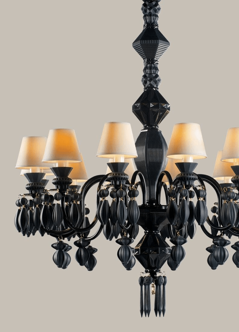 Lladró - Belle de Nuit 12 Lights Chandelier - Absolute Black showcasing intricate porcelain design with elegant black finish.