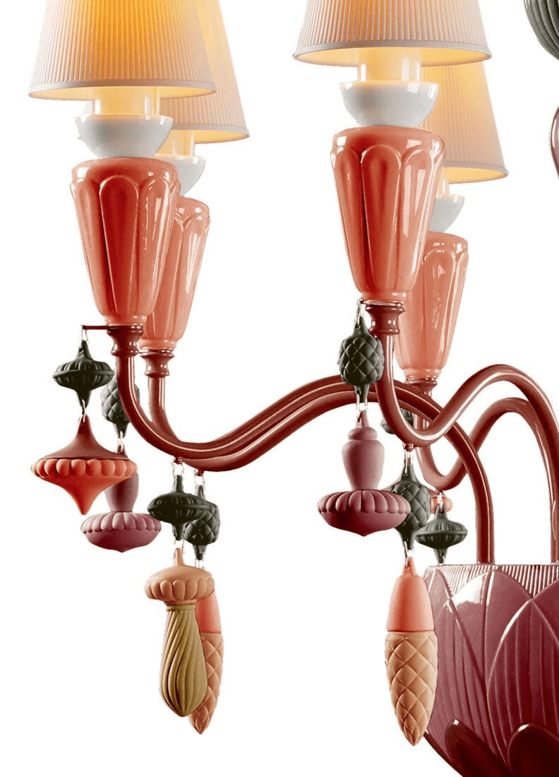Lladró - Ivy and Seed 8 Lights Chandelier - Coral close-up showcasing intricate porcelain designs and organic shapes.