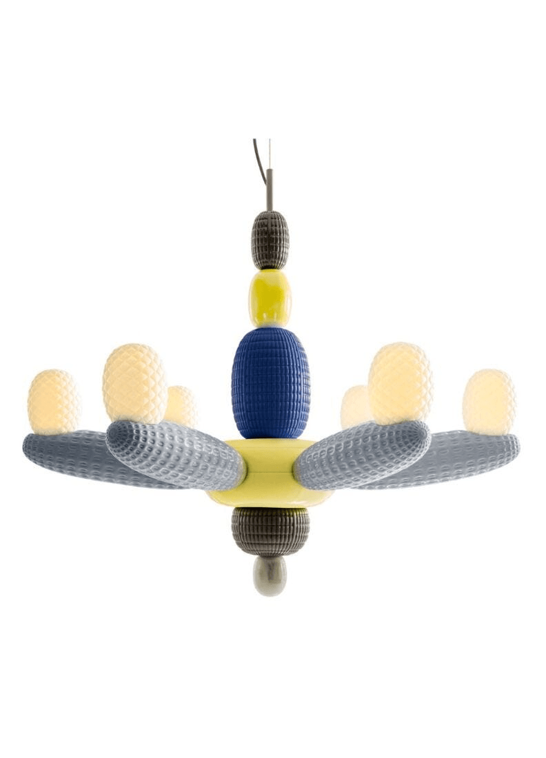 Lladró - Soft Blown Chandelier - Blue, colorful porcelain chandelier design with playful balloon shapes.