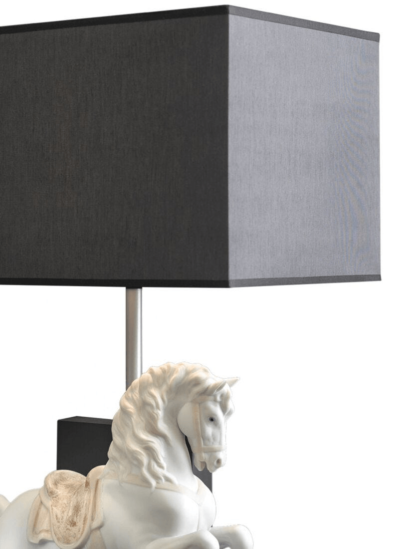 Lladró - Horse on Courbette Table Lamp with porcelain horse figurine and black shade.