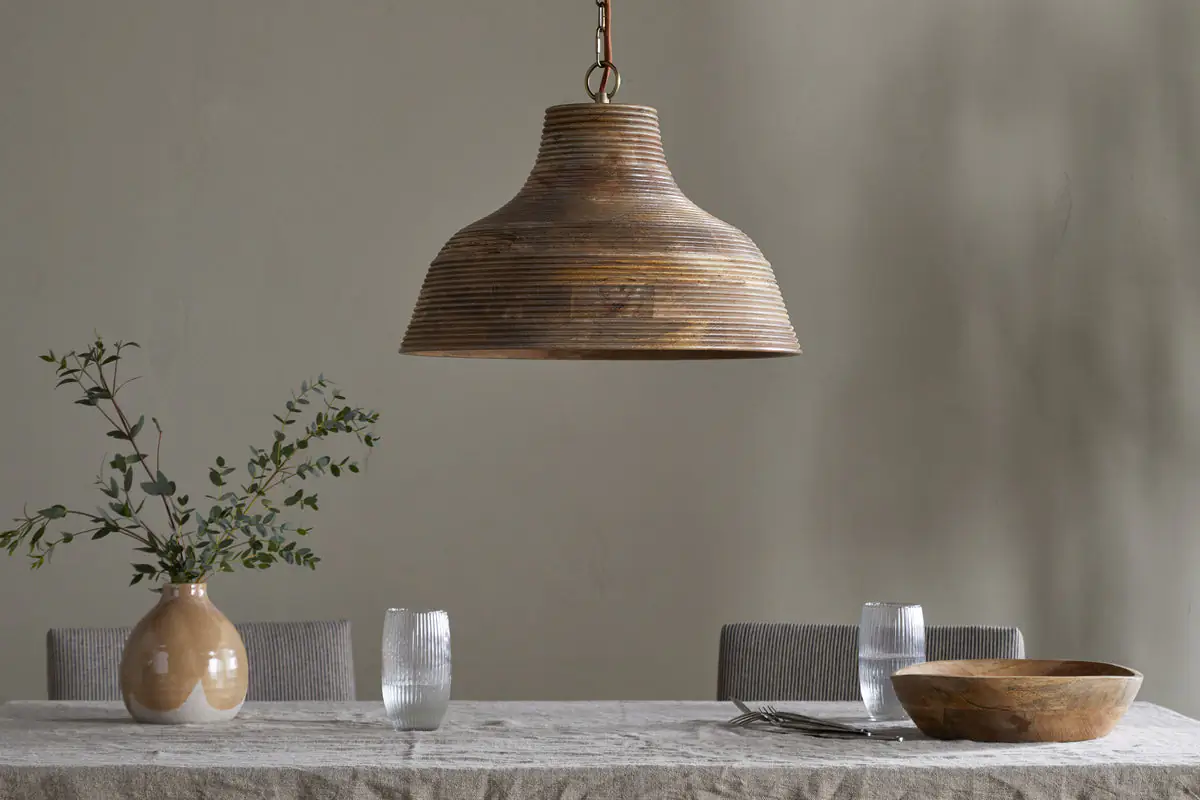 Nkuku - Nadi Grooved Wood Pendant - Natural & Antique Brass