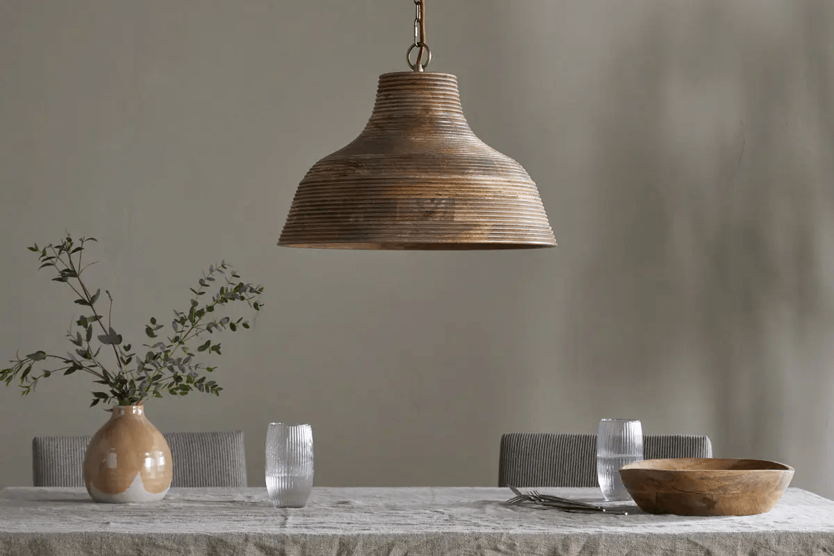 Nkuku - Nadi Grooved Wood Pendant - Natural & Antique Brass