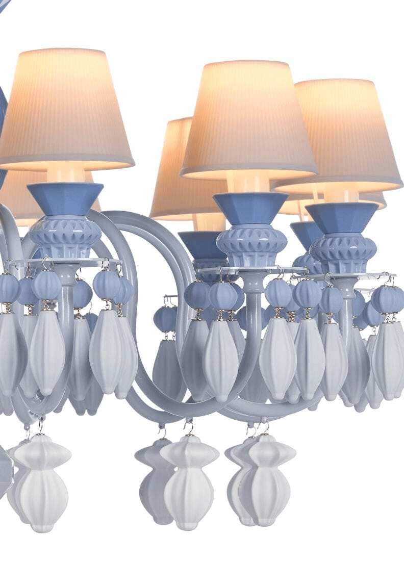 Lladró - Belle de Nuit 12 Lights Chandelier - Blue featuring elegant porcelain designs and soft light shades.