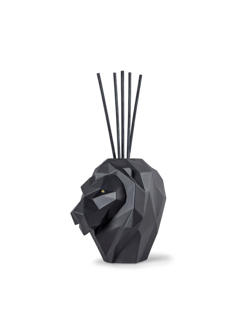Lladró - Lion Perfume Diffuser - Unbreakable Spirit Scent in matte black porcelain design.