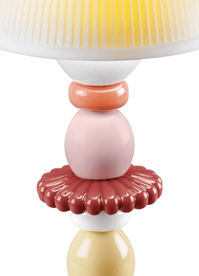 Lladró - Lotus Firefly Table Lamp - Coral, featuring a colorful porcelain base with unique shapes.