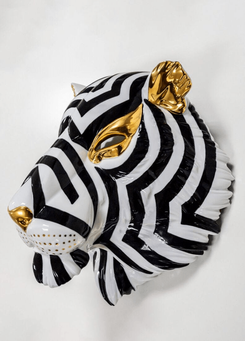 Lladró - Tiger Mask - Black and Gold, glossy porcelain mask with black and gold design, perfect for decor.