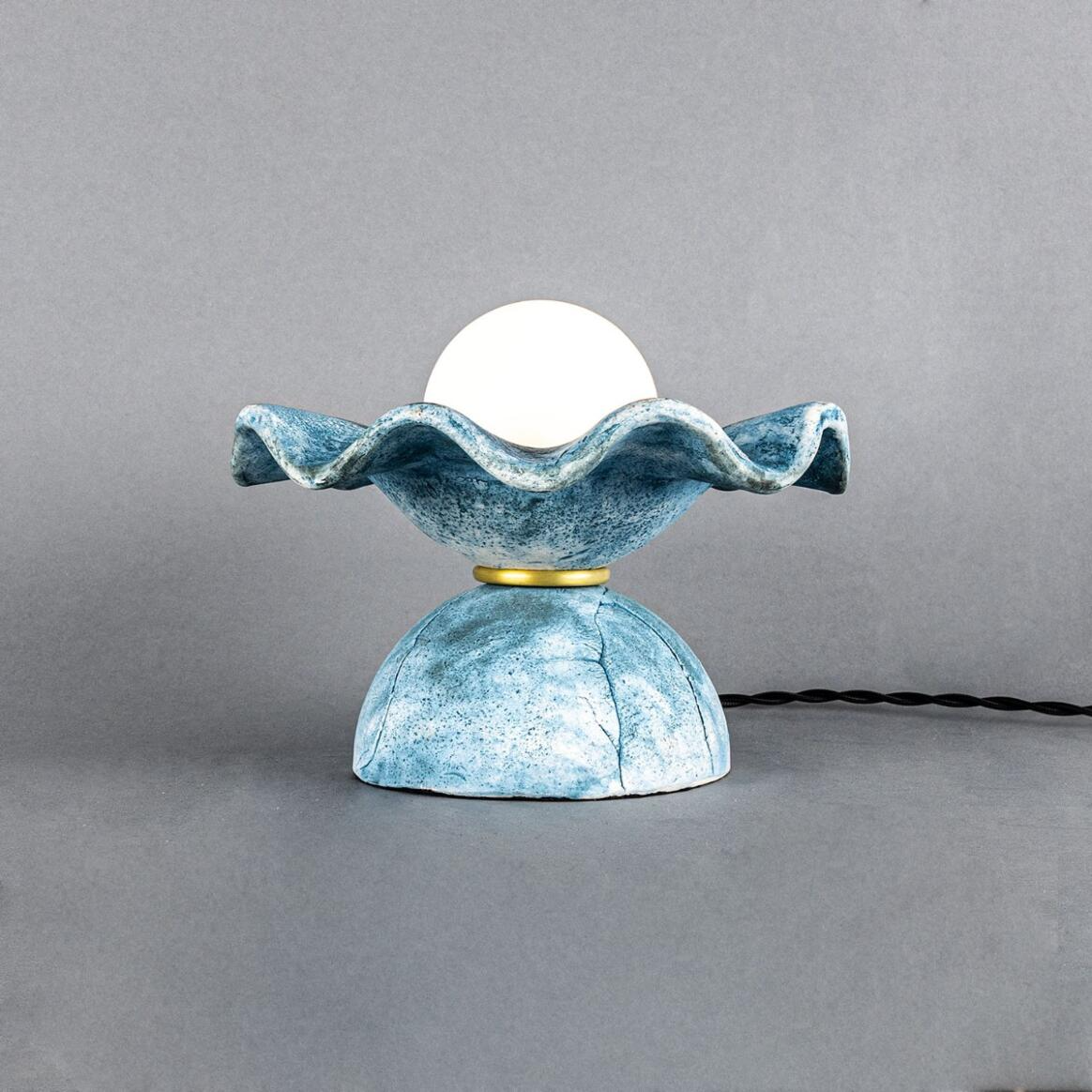 Mullan Rivale Table Lamp with Wavy Ceramic Shade Blue Earth - Satin Brass Finish