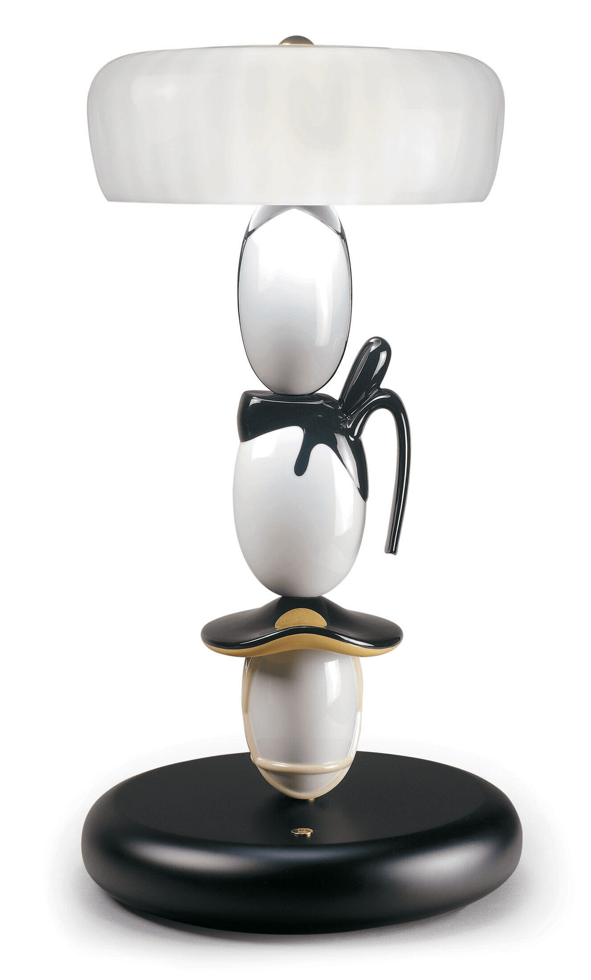 Lladró - Hairstyle Table Lamp (H/I/M) decorative porcelain lamp with black and white design and golden accents.