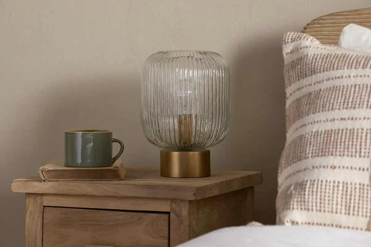 Nkuku - Rizal Fluted Glass Bedside Table Lamp - Antique Brass & Clear