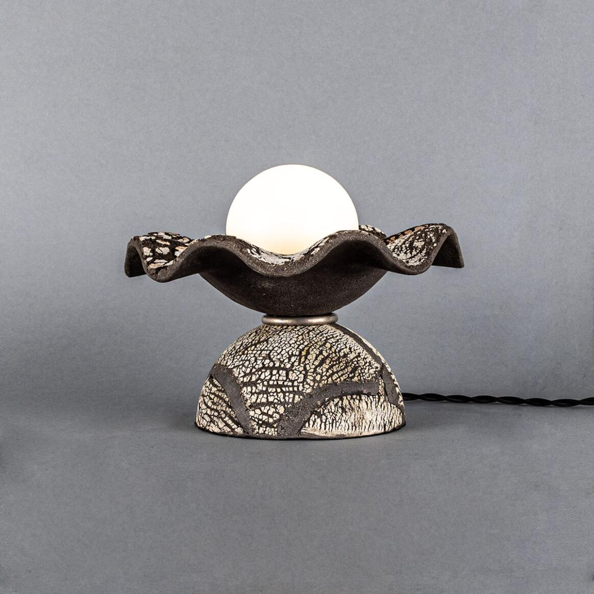 Mullan Rivale Table Lamp with Wavy Ceramic Shade Black Clay - Antique Silver Finish