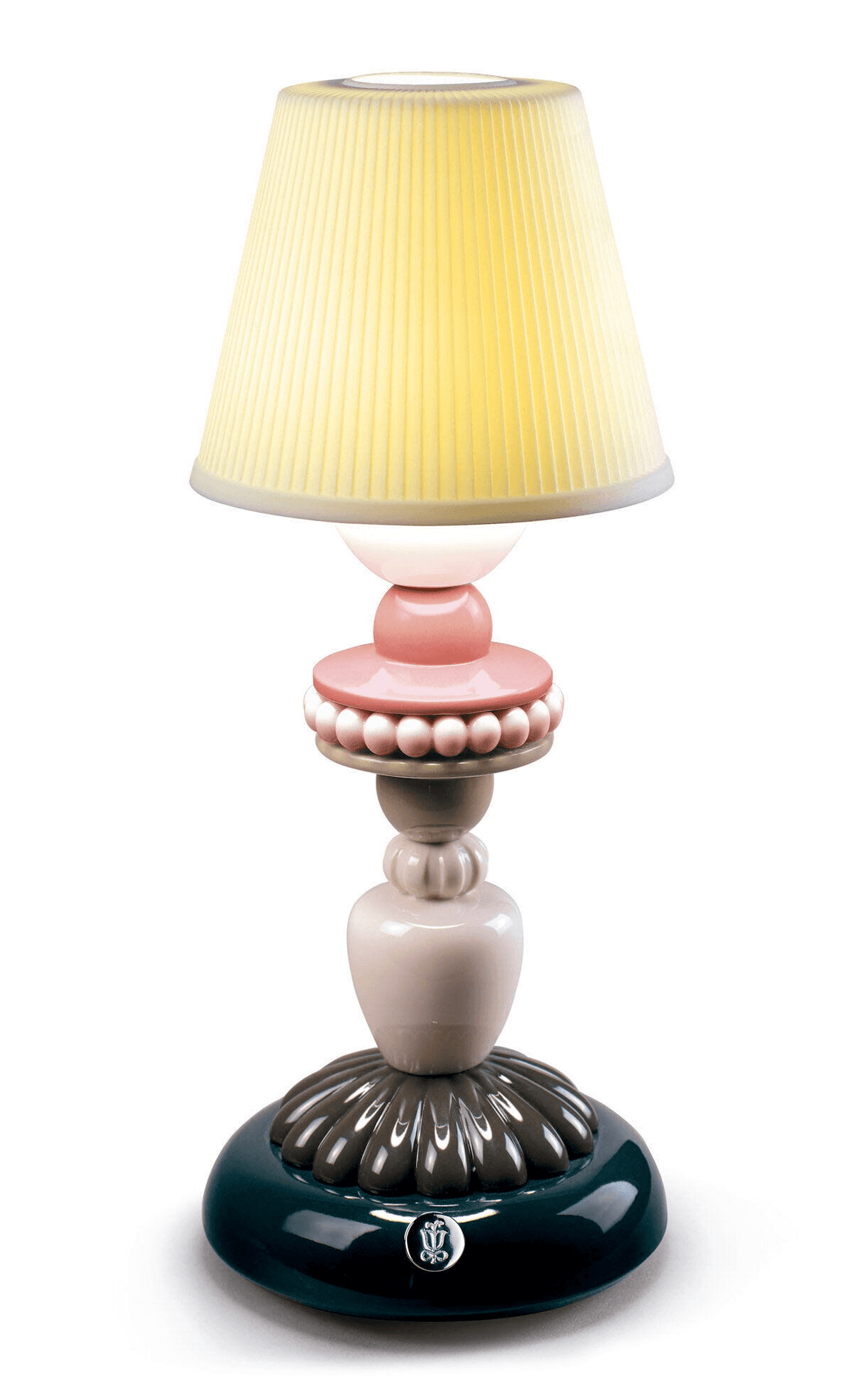 Lladró - Sunflower Firefly Table Lamp - Black in Lladro Porcelain. Wireless lamp with a pleated shade and plant motifs.