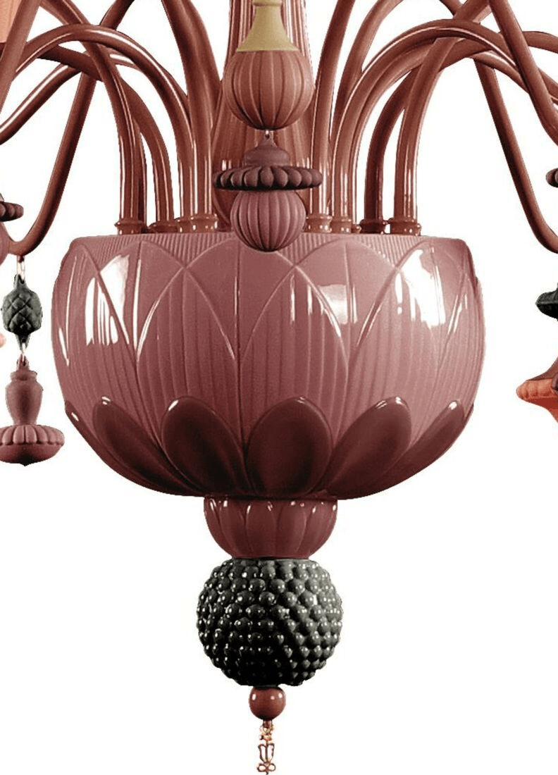 Lladró - Ivy and Seed 16 Lights Chandelier - Coral with intricate porcelain design and botanical shapes, showcasing elegance.