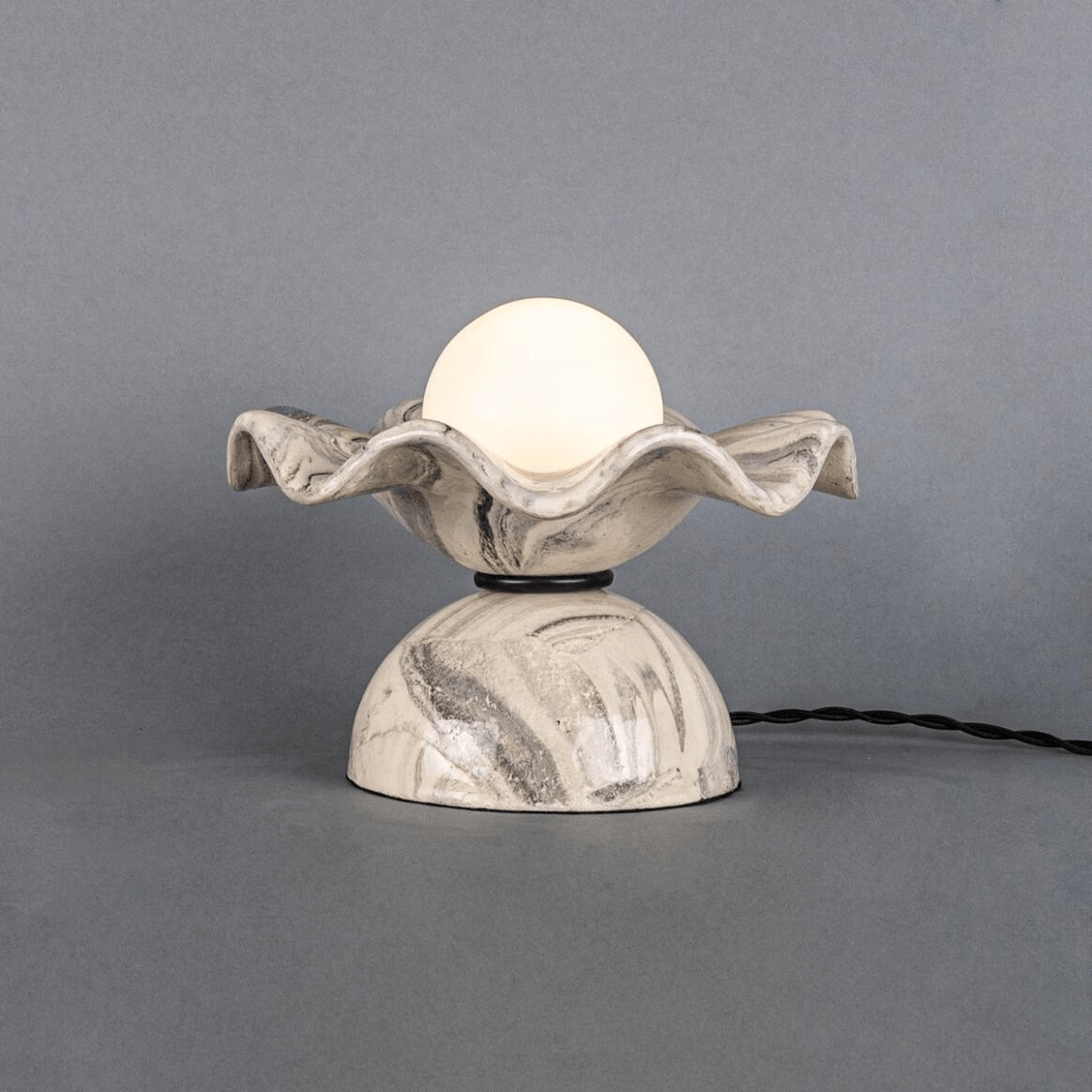 Mullan Rivale Table Lamp with Wavy Marbled Ceramic Shade - Powder Coated Matte Black Finish