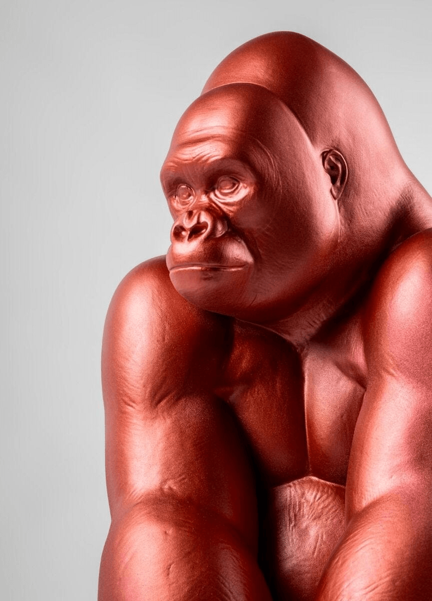 Lladró - Gorilla Sculpture - Metallic Red - Limited Edition, handcrafted porcelain with a glossy red finish.
