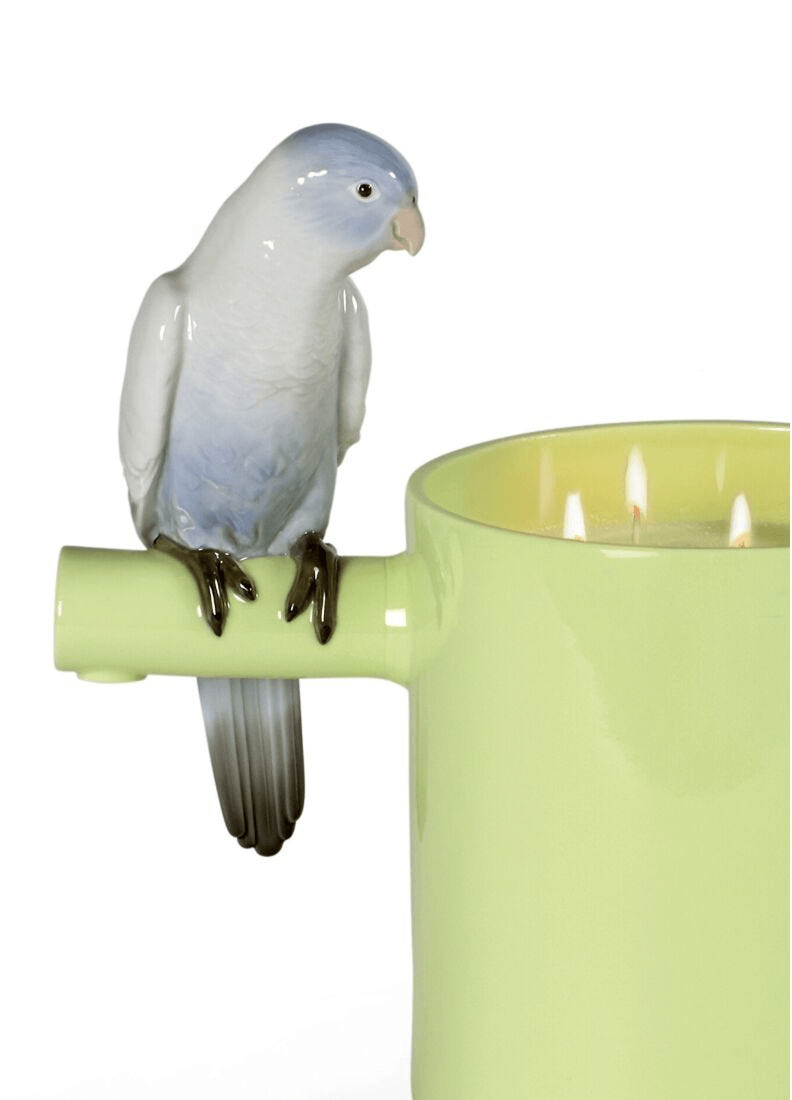 Lladró -Parrot's scented Treasure - On the Prairie Scent - Green with glossy porcelain parrot and green candle holder.