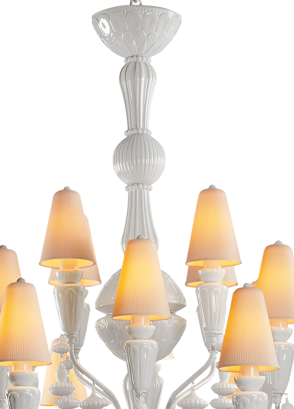 Lladró - Ivy and Seed 20 Lights Chandelier - White close-up of porcelain design and warm light shades.