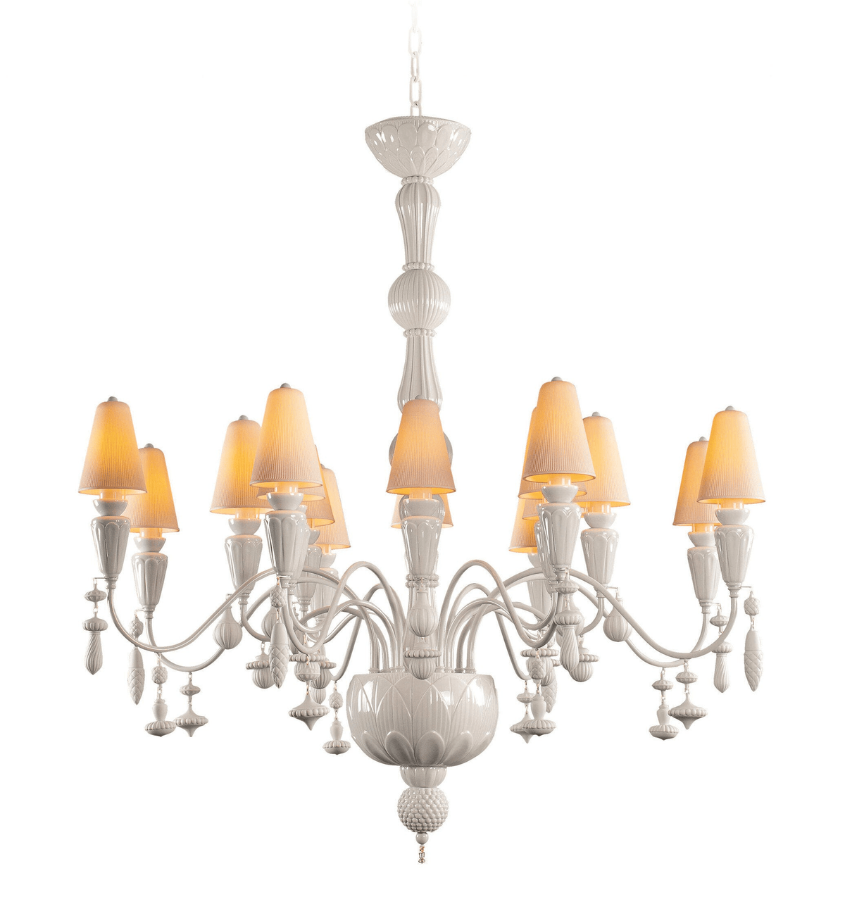 Lladró - Ivy and Seed 16 Lights Chandelier - White, elegant porcelain chandelier with 16 lights inspired by plant motifs.