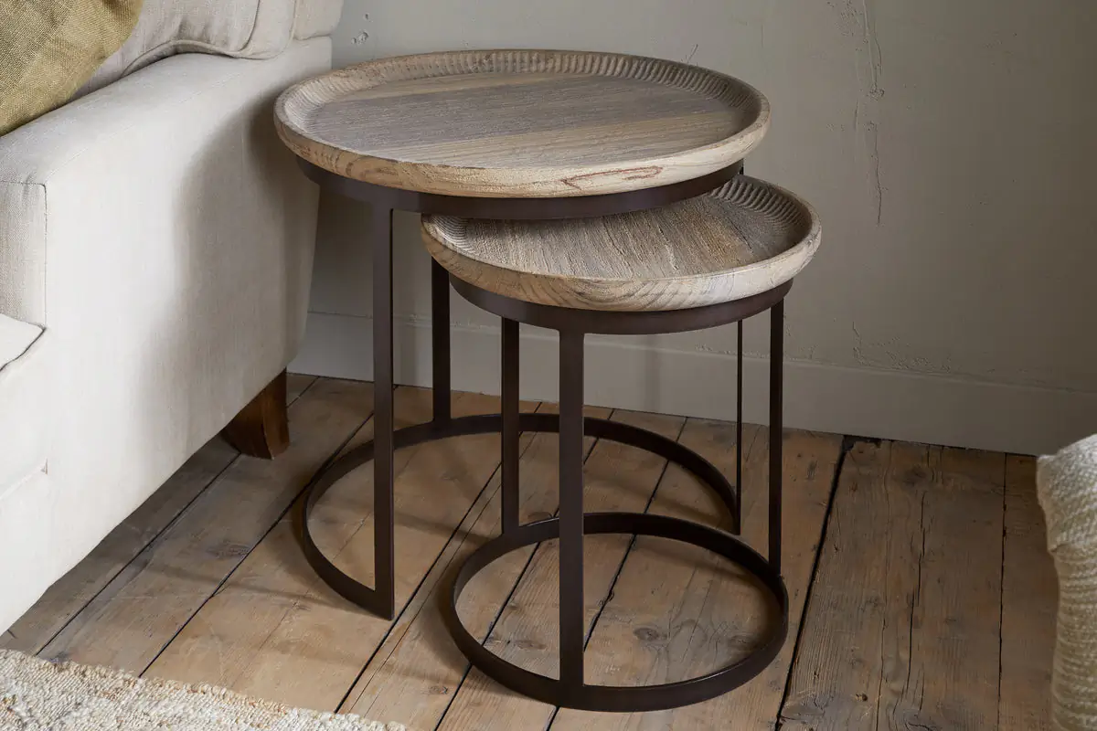 Nkuku - Nisha Carved Reclaimed Wood & Iron Nesting Side Tables - Natural