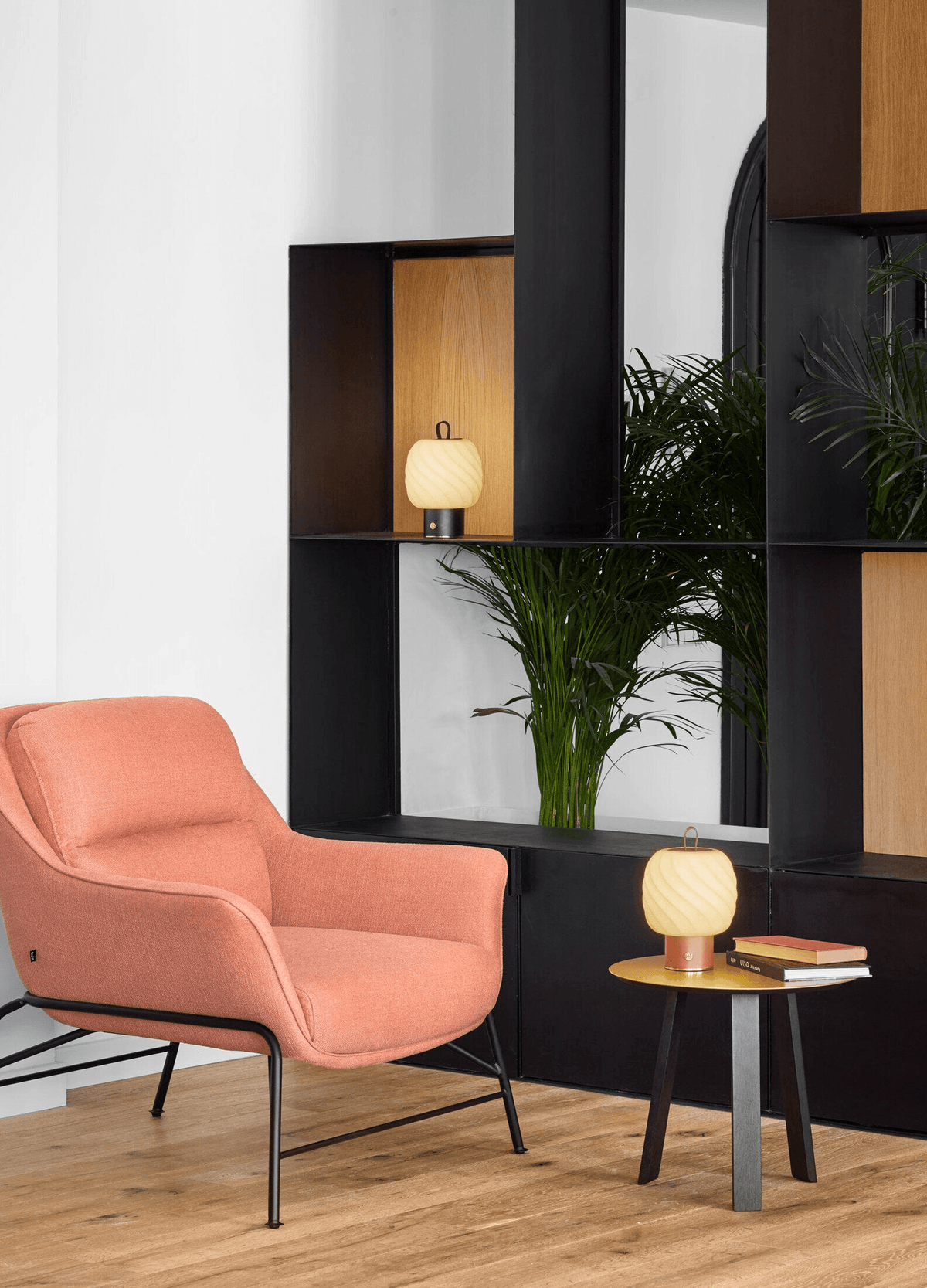Lladró - Ice Cream Portable Lamp - Medium - Black, a Lladro Porcelain cordless LED lamp glowing on a modern shelf.