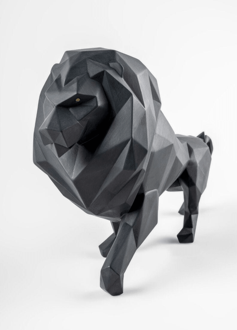 Lladró - Lion Sculpture - Matte Black, a modern porcelain art piece with geometric design.