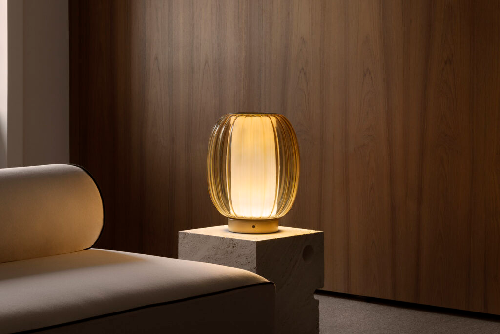 Contardi Alma Table Lamp - Champagne Frame - Amber Glass Diffuser - White Fabric Plissé Inside Diffuser