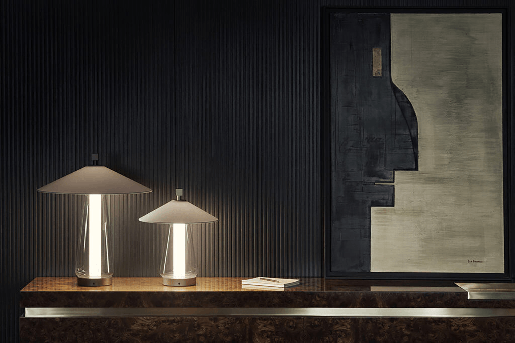 Contardi Asia Table Lamp Medium - Champagne Frame - White Cotton Shade - Clear Glass Diffuser