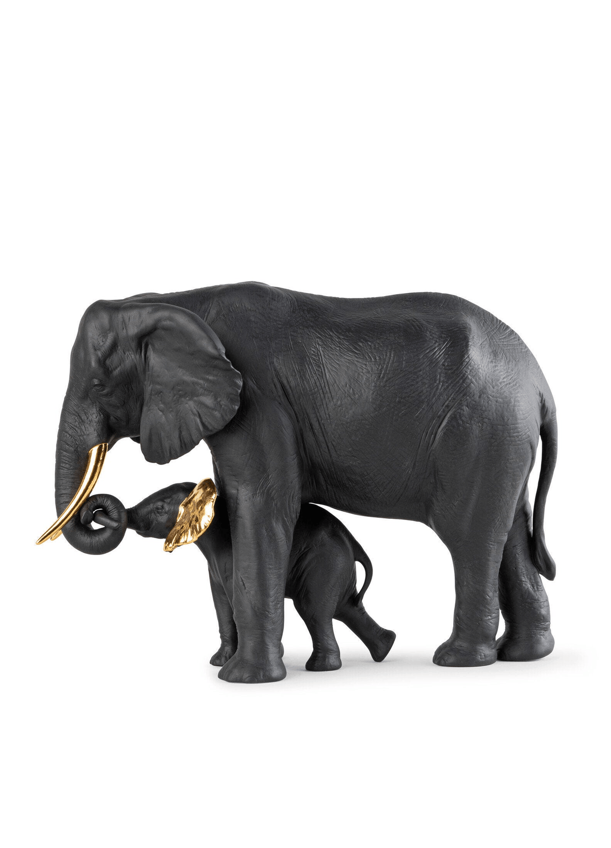 Lladró - Leading the way Sculpture - Black-Gold - Limited Edition, porcelain elephants in matte black and gold details.