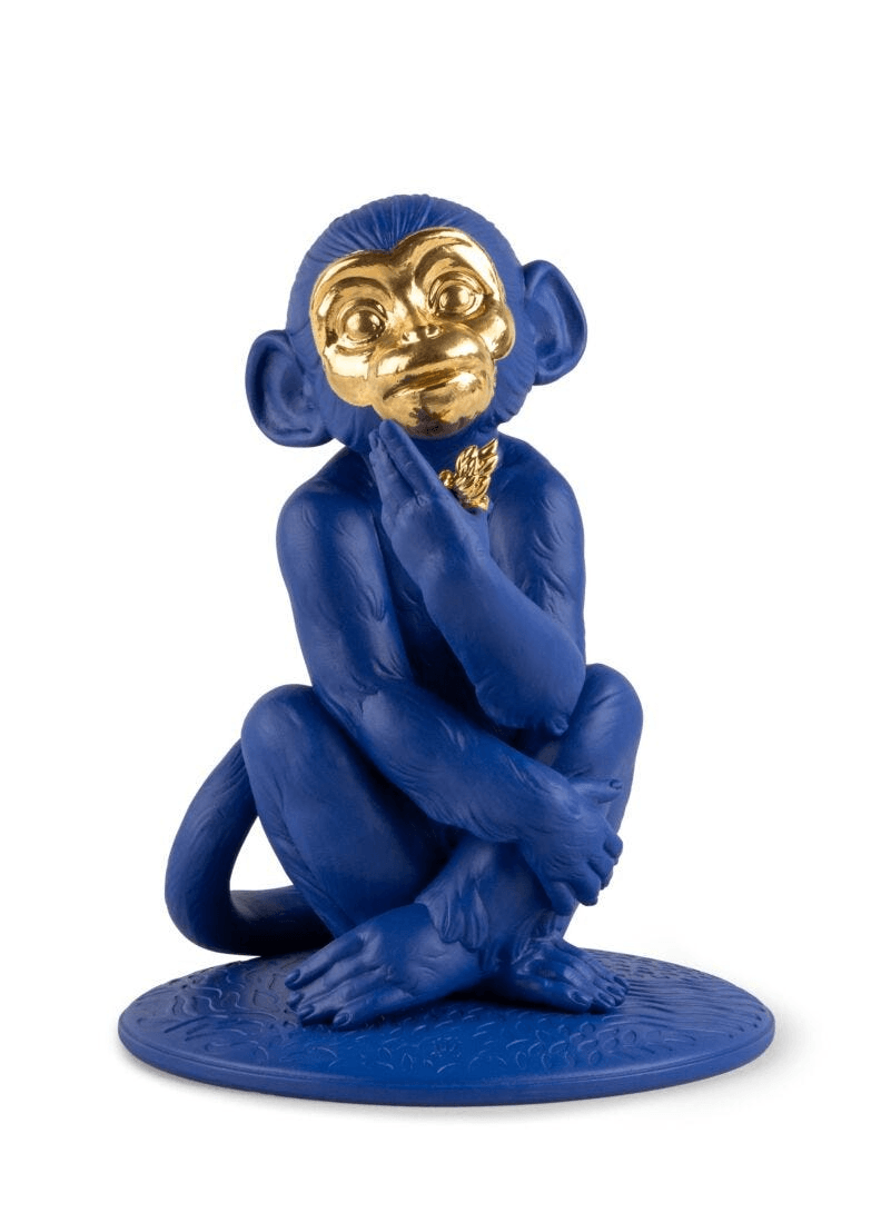 Lladró - Little monkey Sculpture - Blue-Gold - Limited Edition showing a blue porcelain monkey with gold accents.