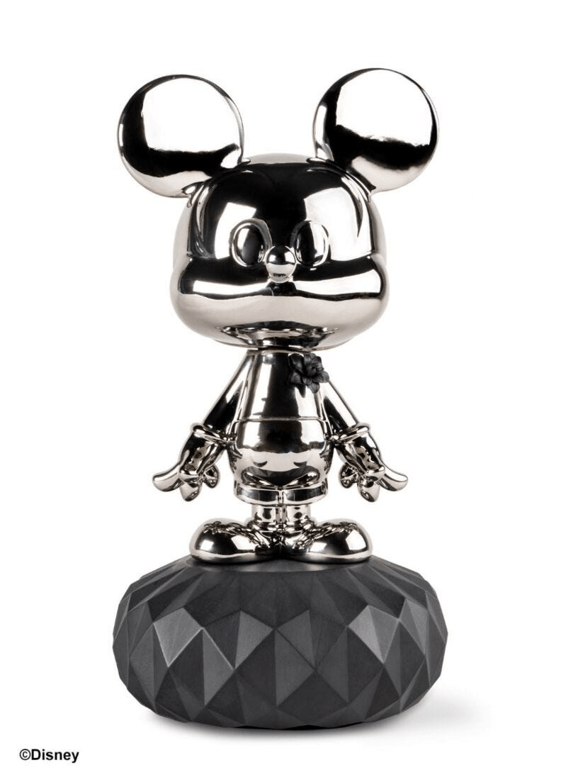 Lladró - Mickey Mouse Platinum Sculpture in shiny platinum finish on a black porcelain base.
