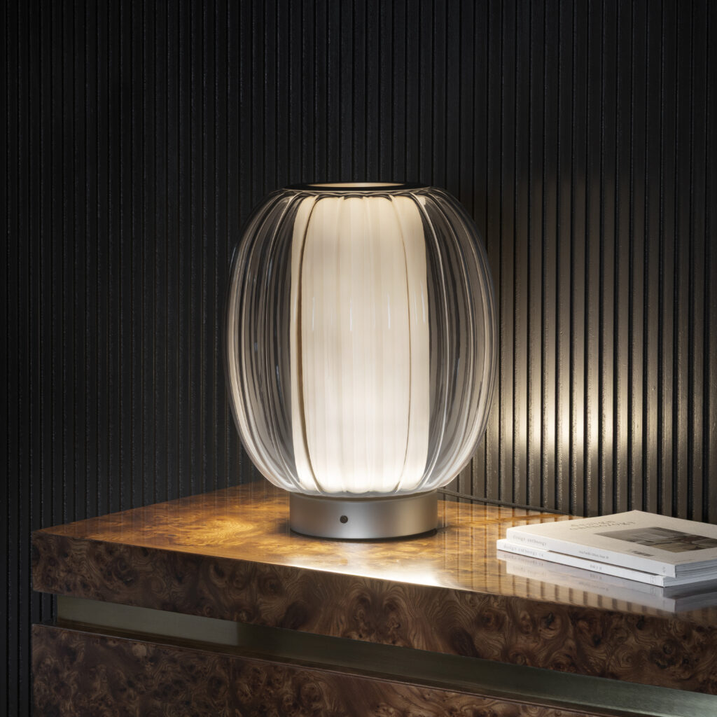Contardi Alma Table Lamp - Champagne Frame - Plum Glass Diffuser - White Fabric Plissé Inside Diffuser